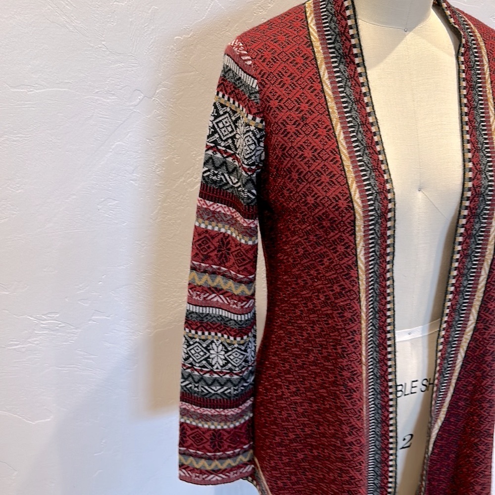 Icelandic Design Wool Acrylic Cardigan Sweater Large Open Front Red & Charcoal